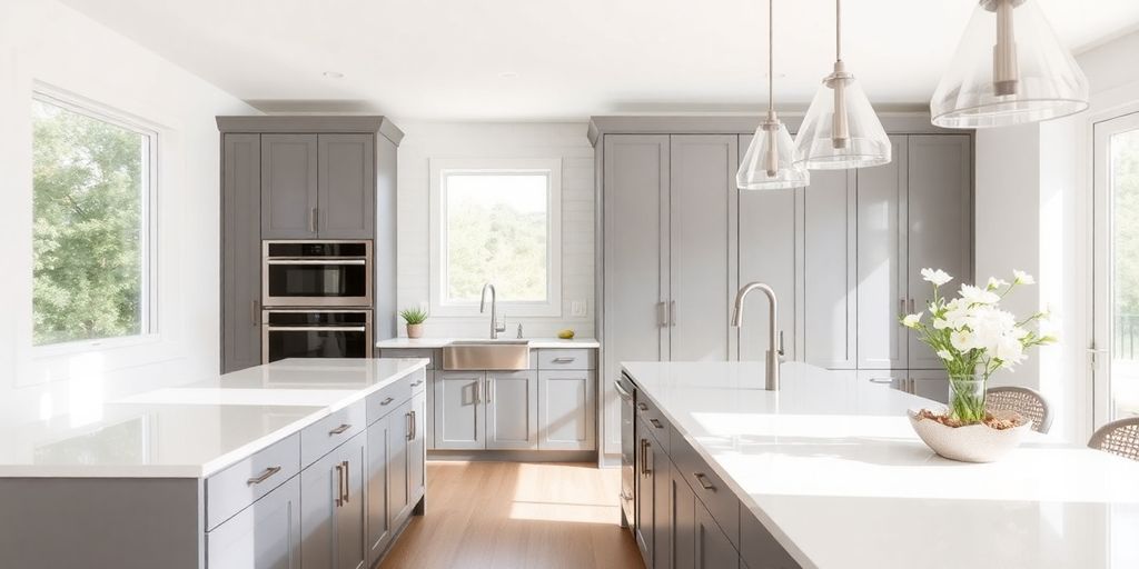 Modern kitchen with sleek cabinets and a large island.