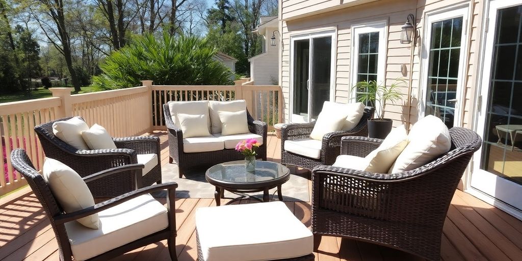 Beautiful deck furniture on a renovated Ottawa deck.
