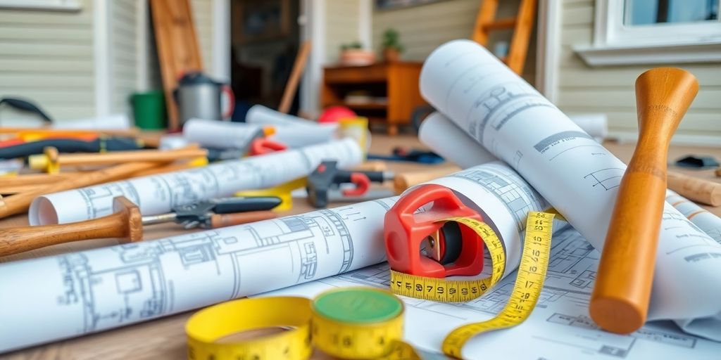 Home renovation with construction tools and blueprints