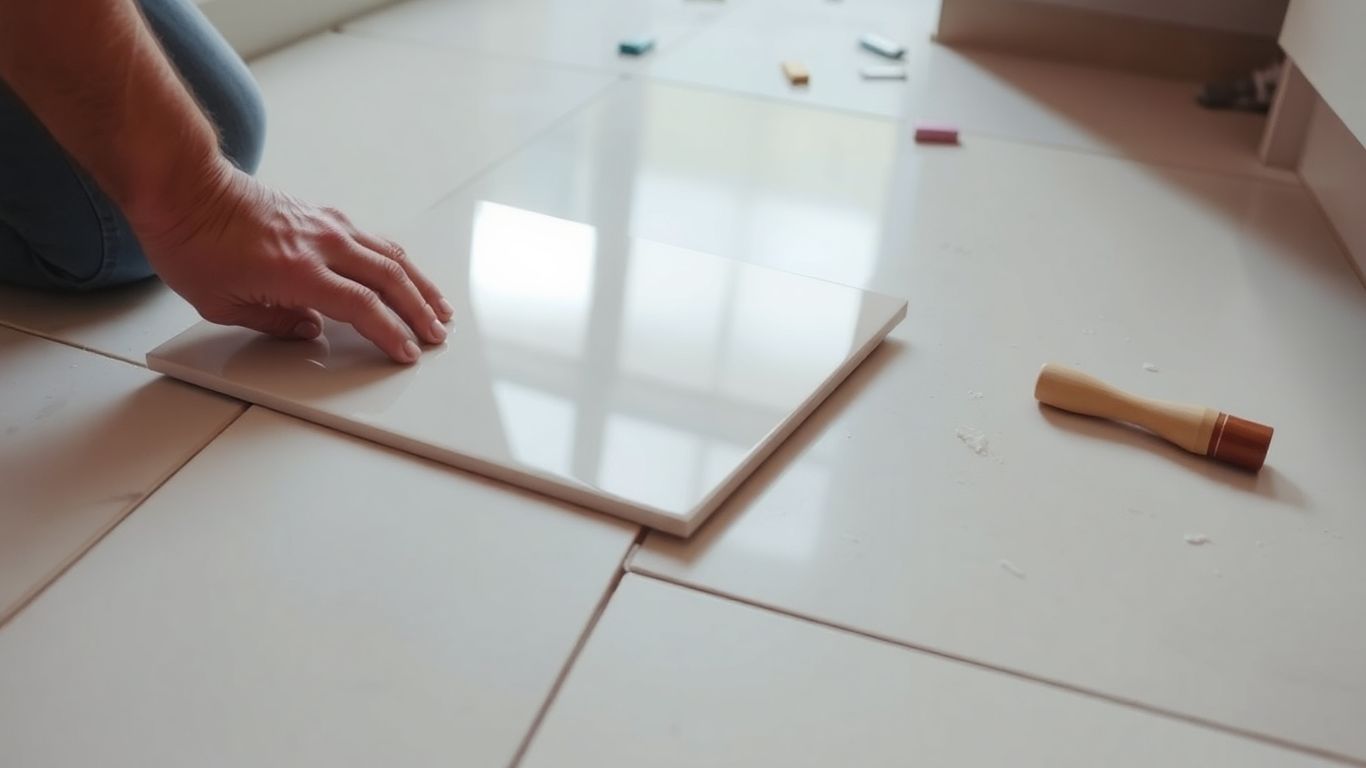 Newly installed kitchen tiles during a renovation.