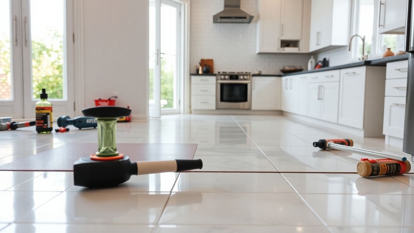 Newly laid kitchen floor and backsplash tiles