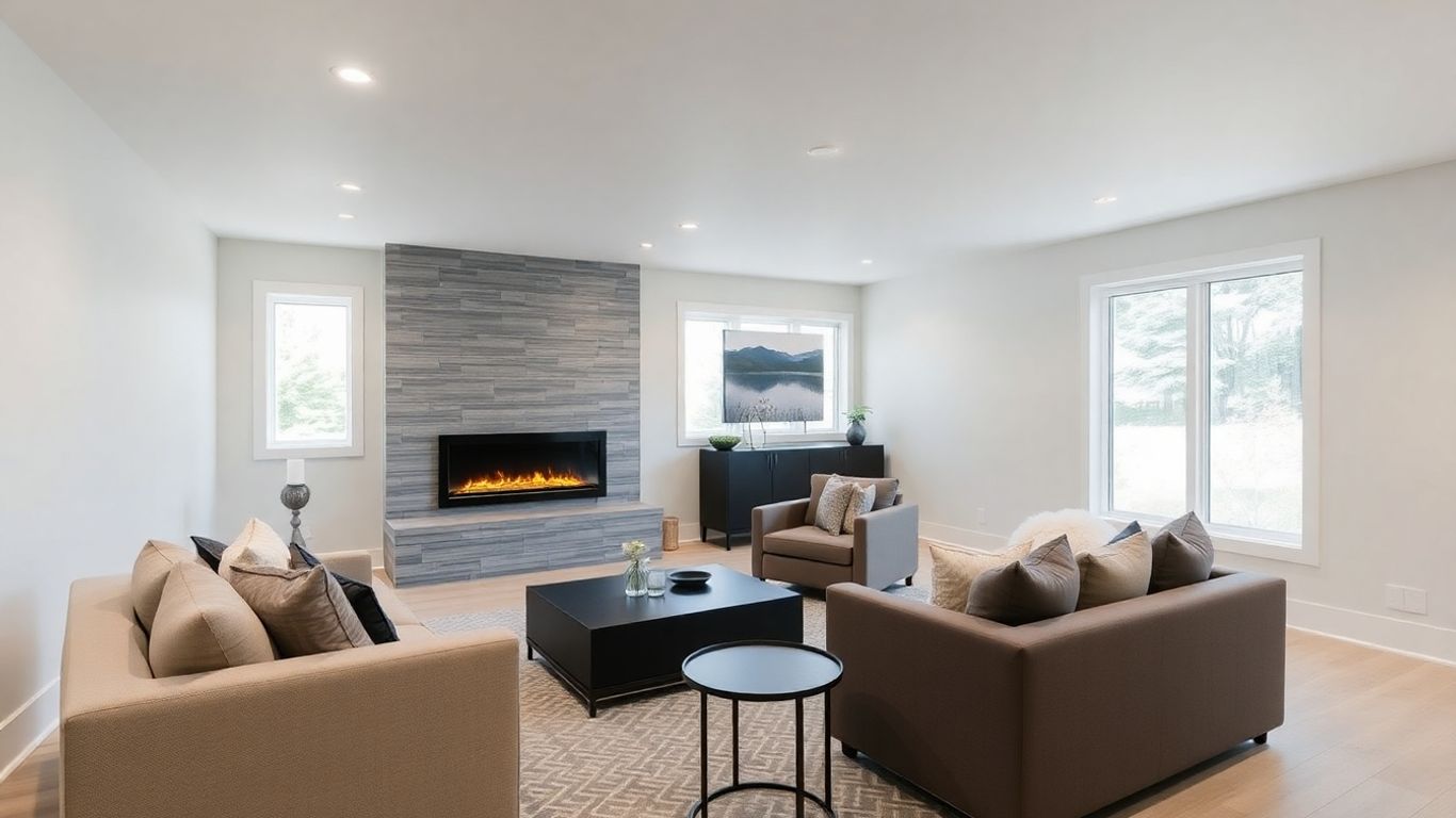Modern Ottawa basement renovation with fireplace and natural light.