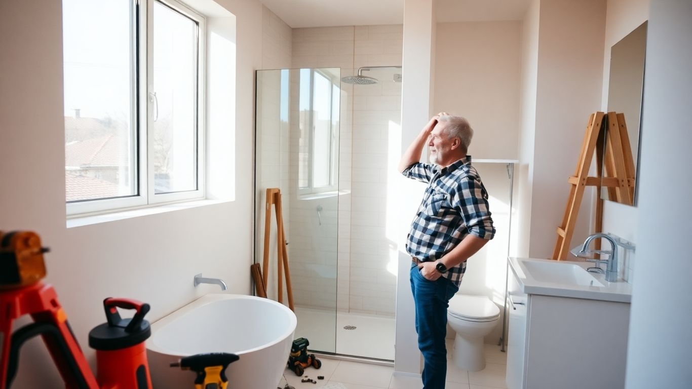 Homeowner inspecting a modern bathroom renovation.