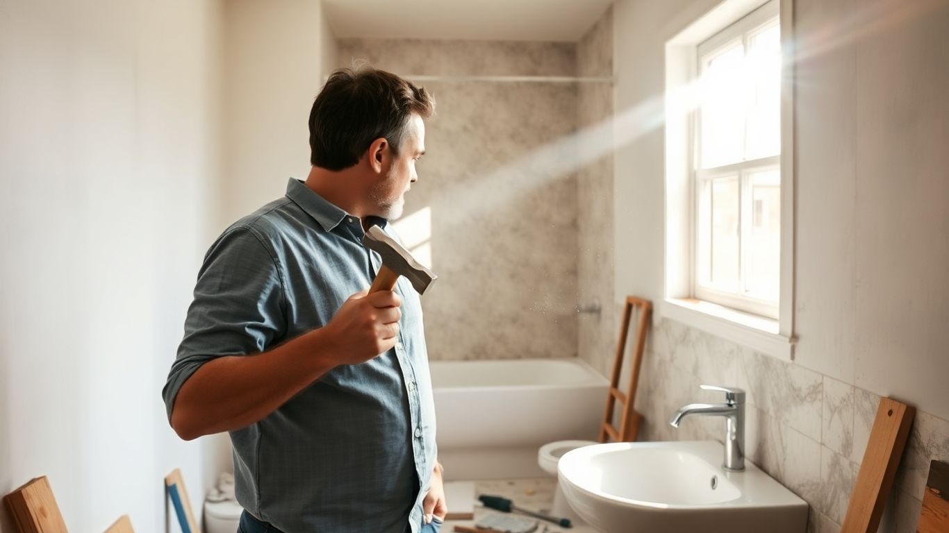 Bathroom renovation in progress with tools and materials.