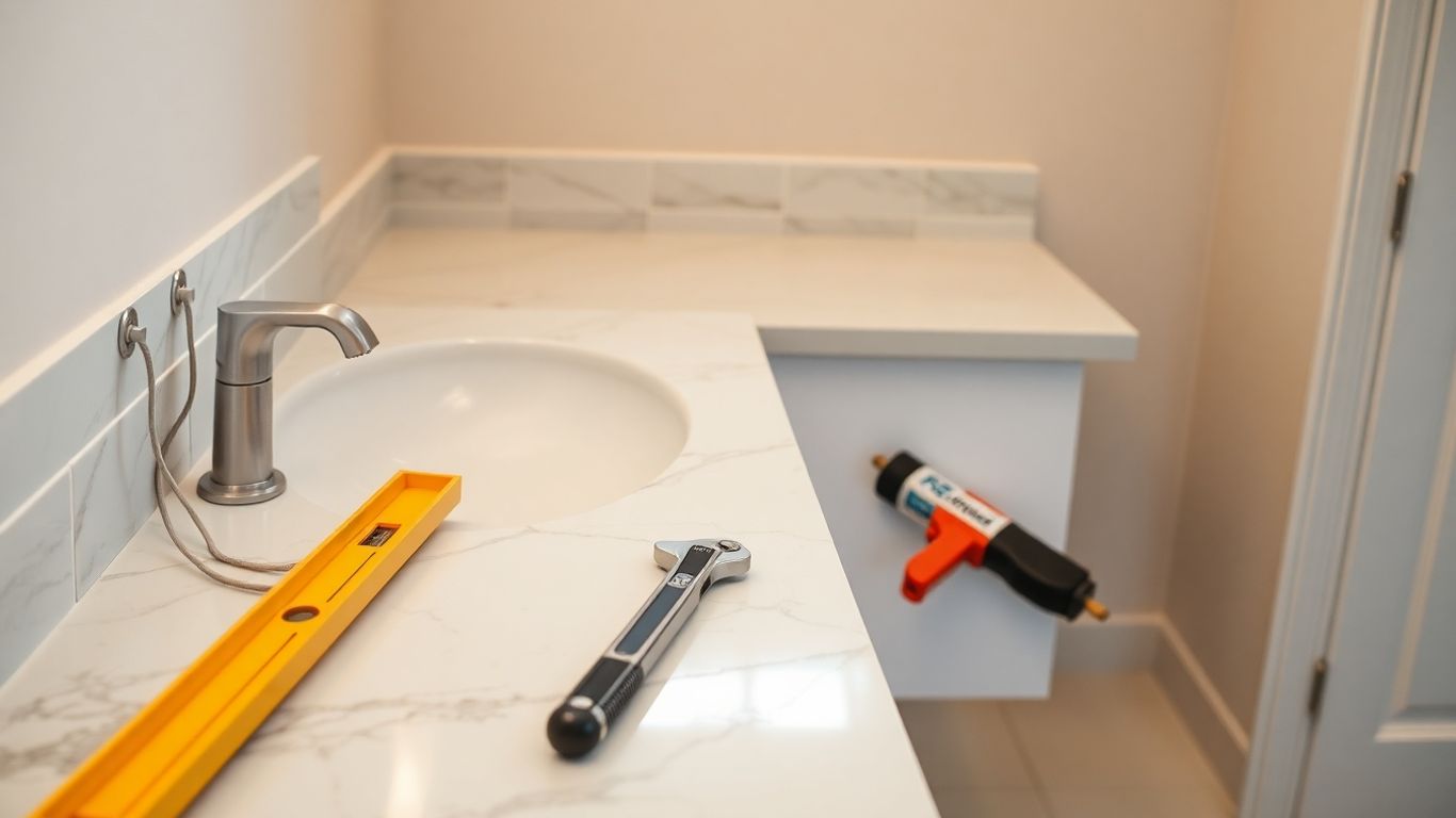 Modern bathroom countertop installation process with tools visible