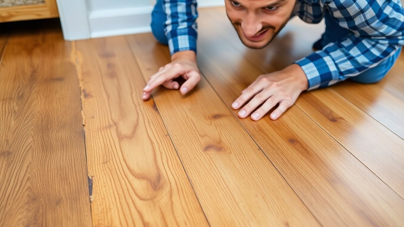 Homeowner inspecting water-damaged wood floor planks.