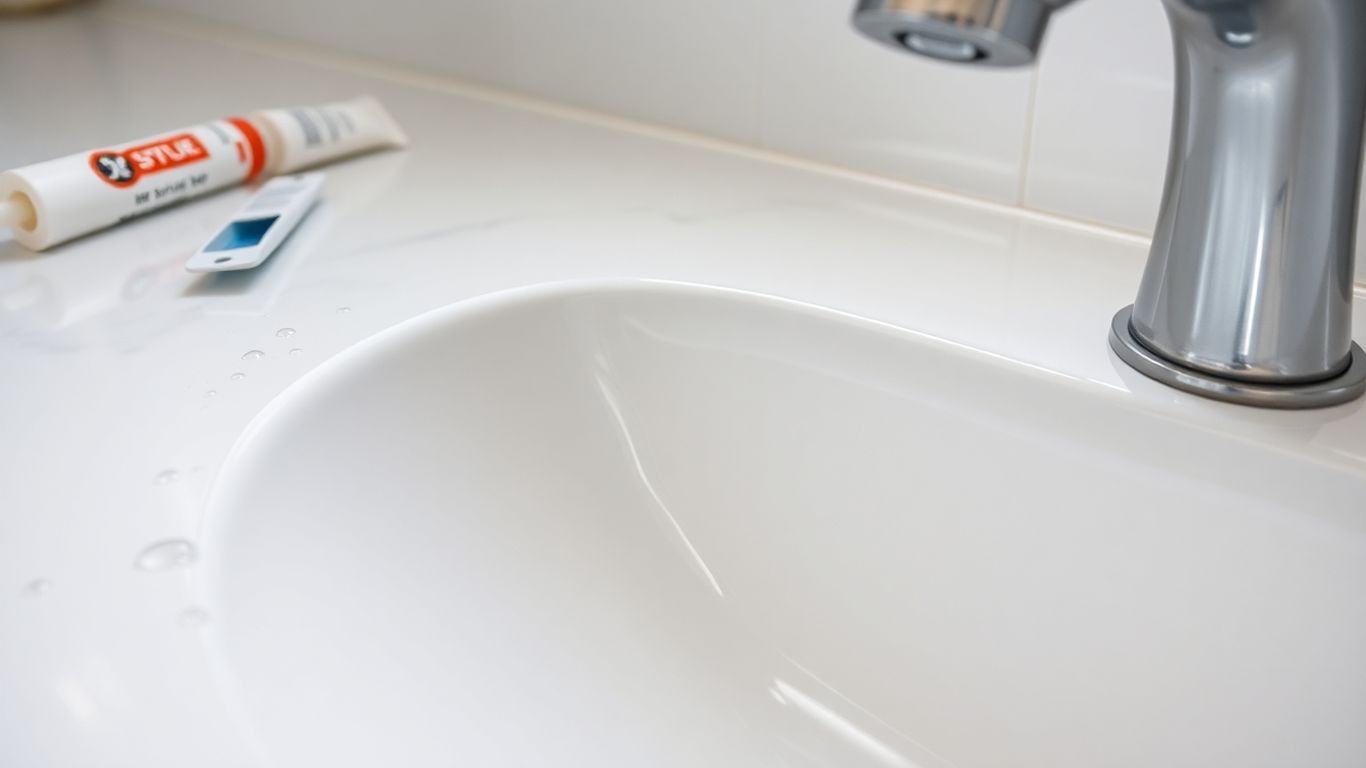 Water-damaged bathroom countertop with poor sealing visible