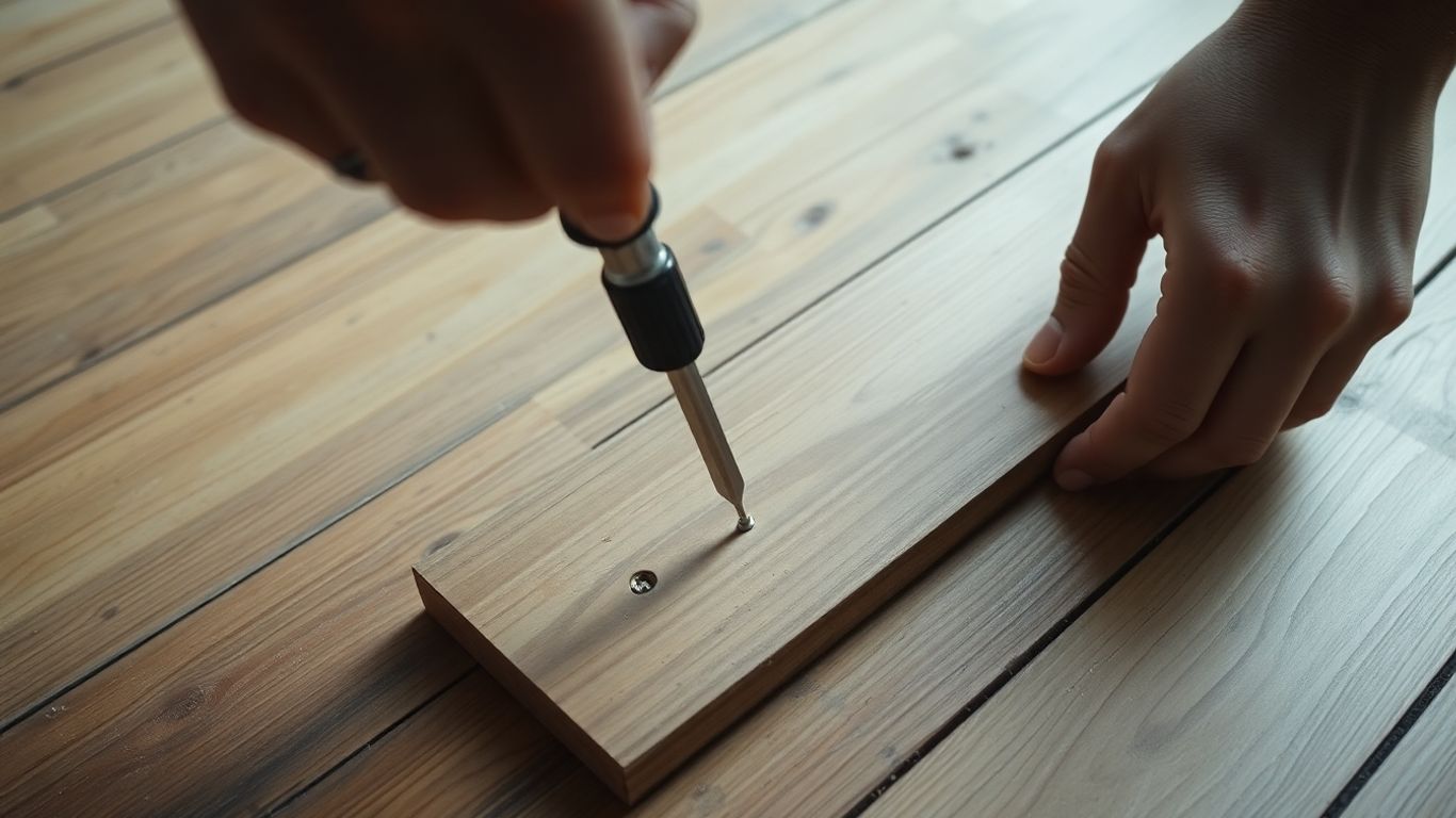 Fixing creaky floorboards with a screwdriver.