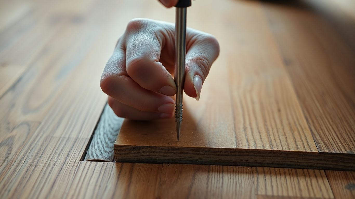 Fixing creaky wooden floorboards with a screwdriver.