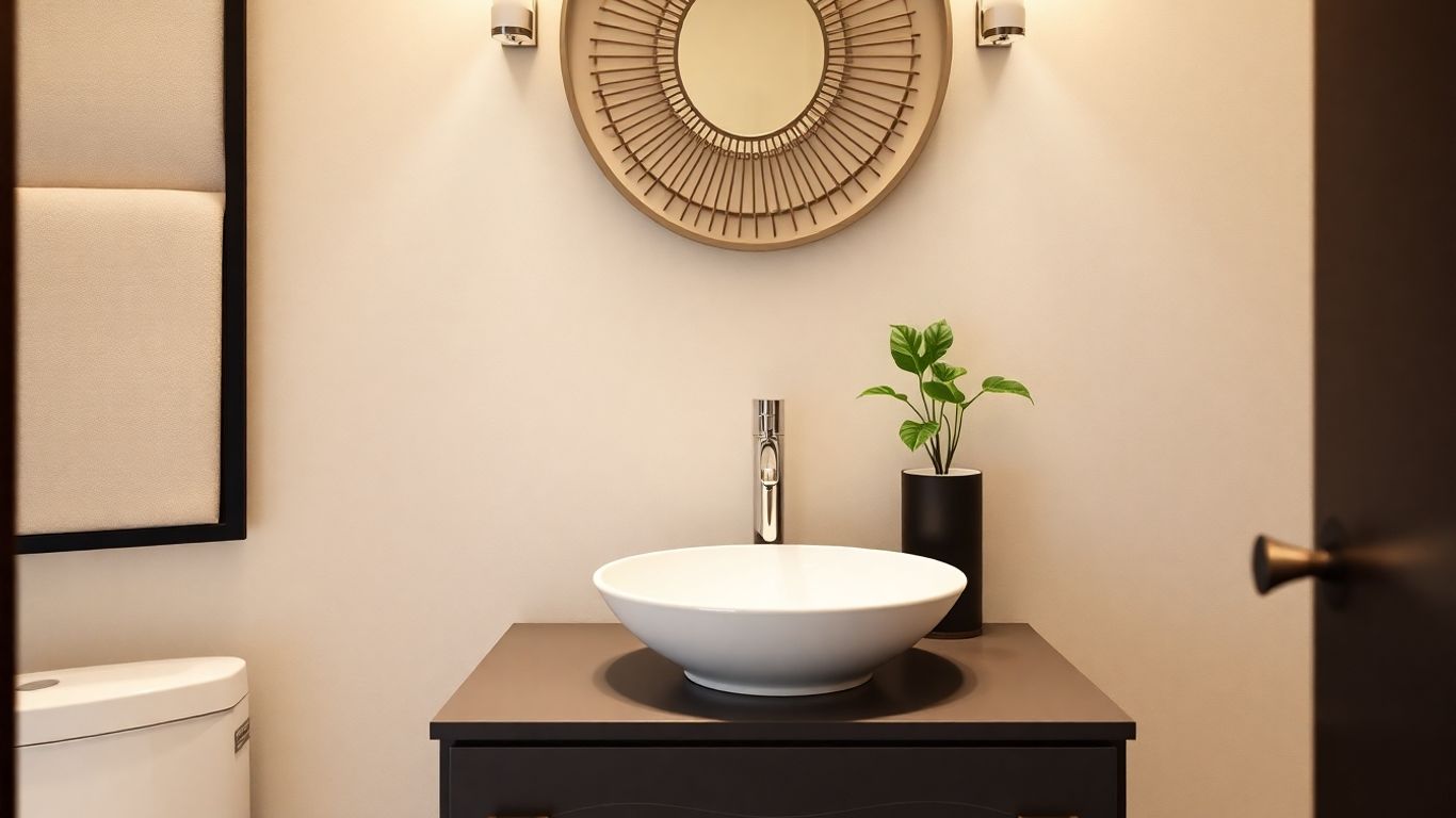 Modern powder room vanity with vessel sink and decorative mirror.
