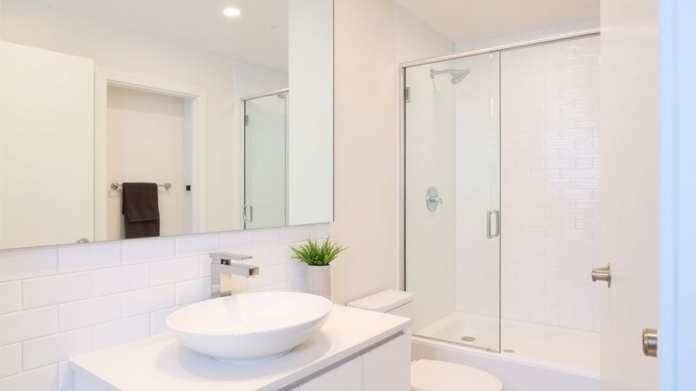 Modern condo bathroom renovation with sleek fixtures and finishes.