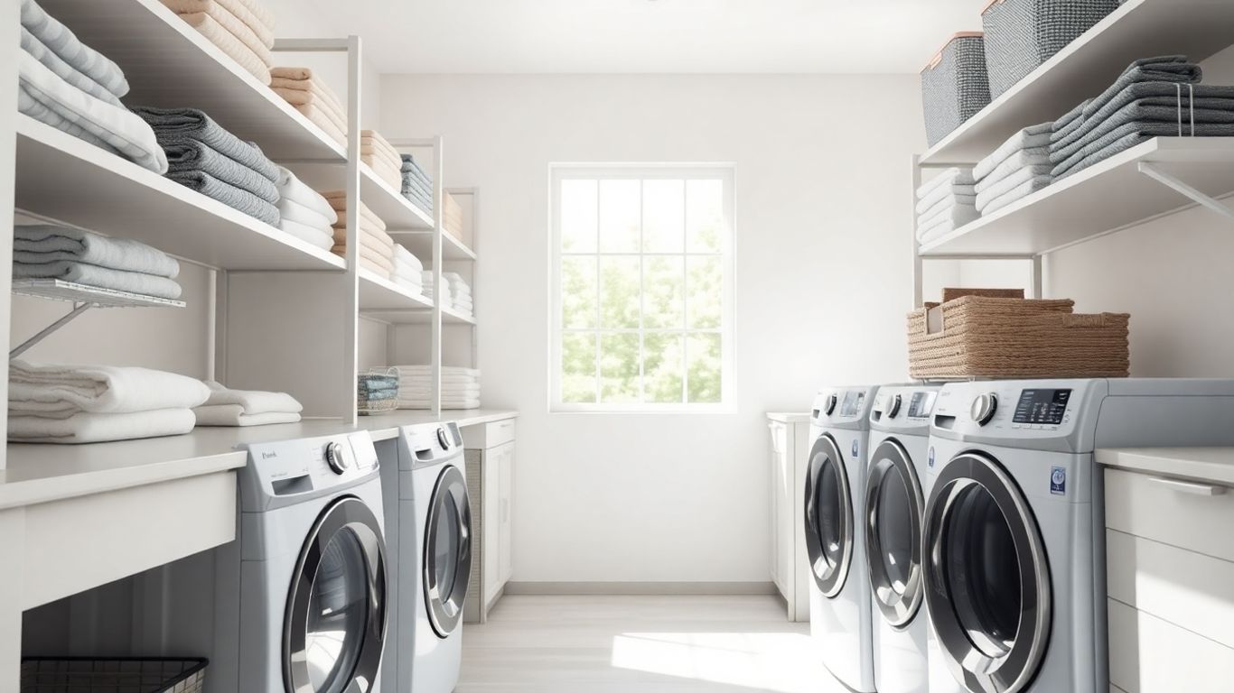 Modern organized laundry room with efficient appliances.