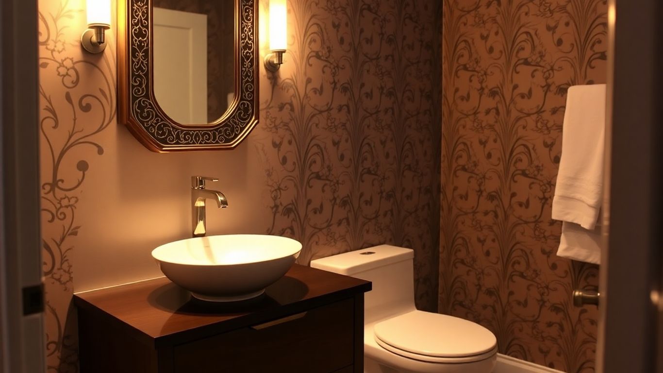 Modern powder room with stylish vanity and mirror.