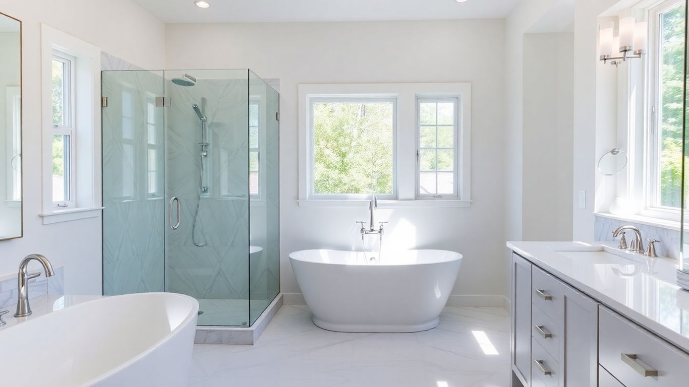 Modern bathroom addition with bathtub and walk-in shower.
