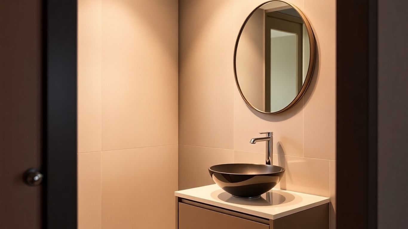 Powder Room Renovations Modern powder room vanity with vessel sink and mirror.