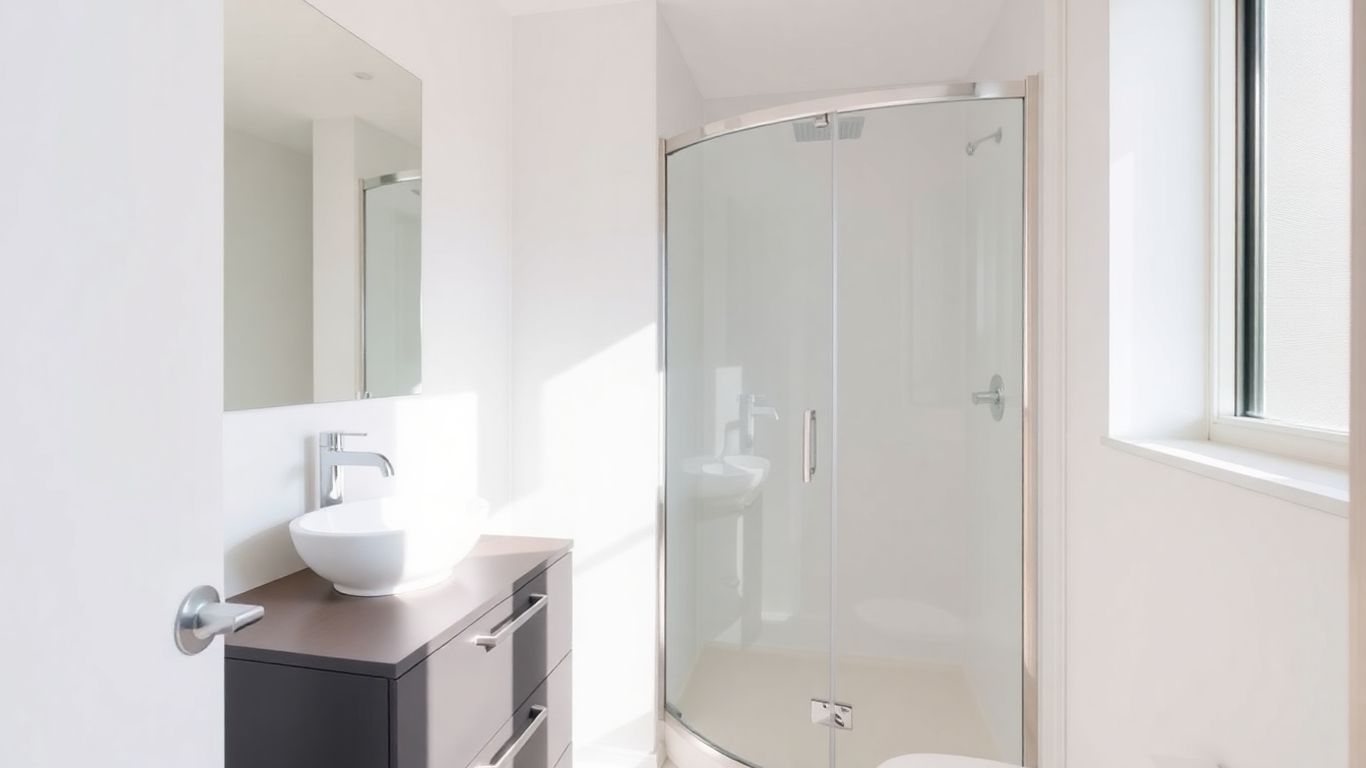 Modern compact condo bathroom interior with sleek fixtures.