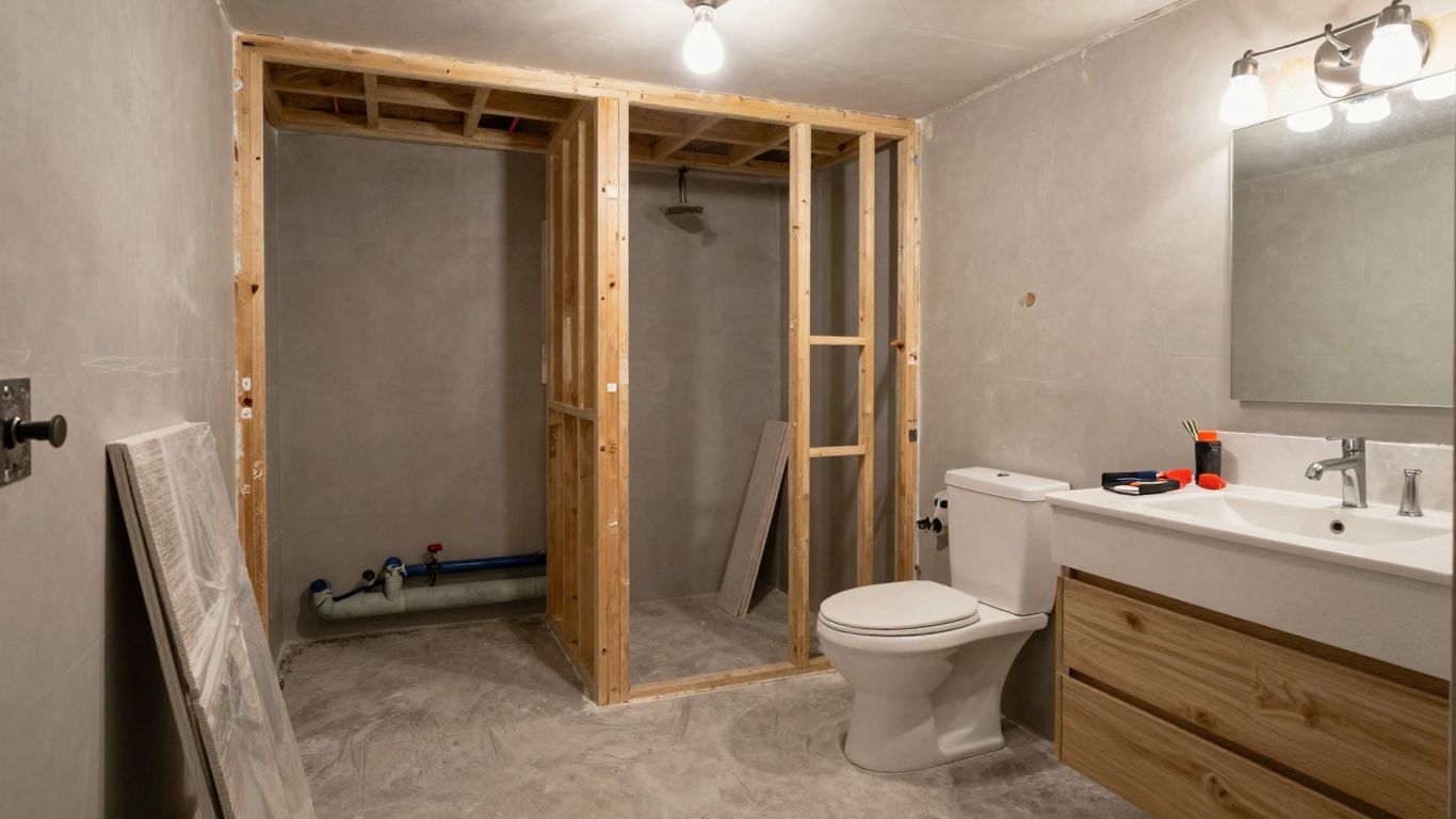 Basement bathroom renovation in progress with tools and materials.