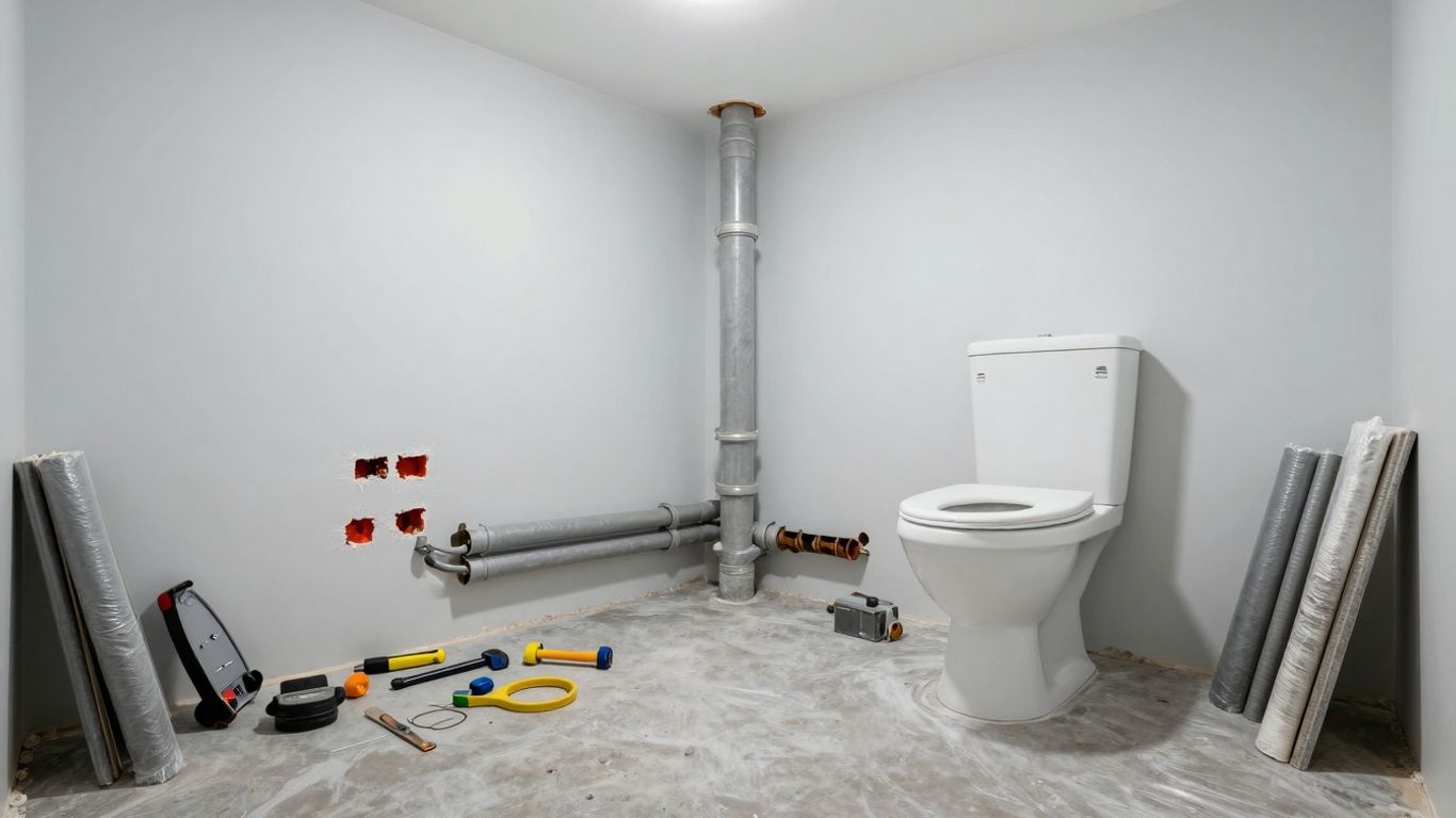 Basement bathroom renovation with exposed plumbing and toilet.