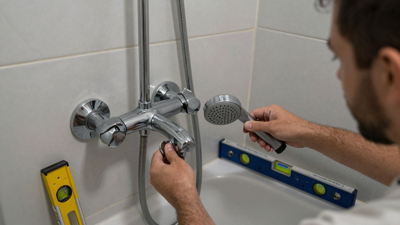 Homeowner installing a bathtub and shower unit.