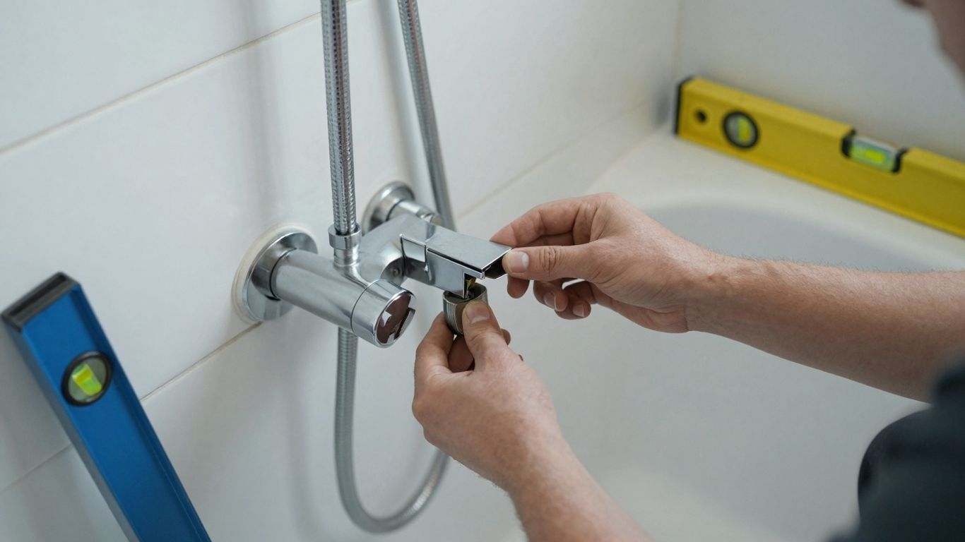 Homeowner installing a bathtub and shower unit.
