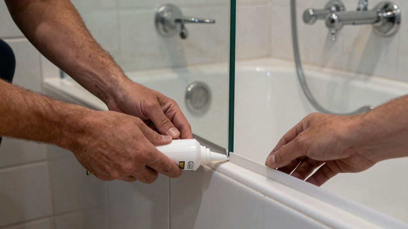 Homeowner sealing bathtub and shower edge.